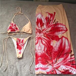 3pc Floral Bikini Set with Long Mesh Cover-Up